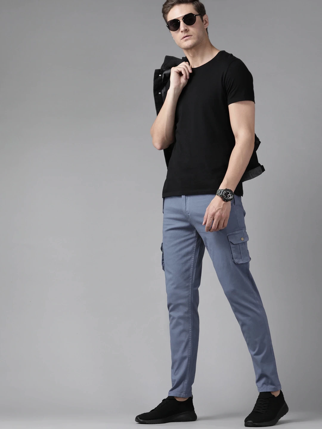 Men Grey Solid Cargos Trousers